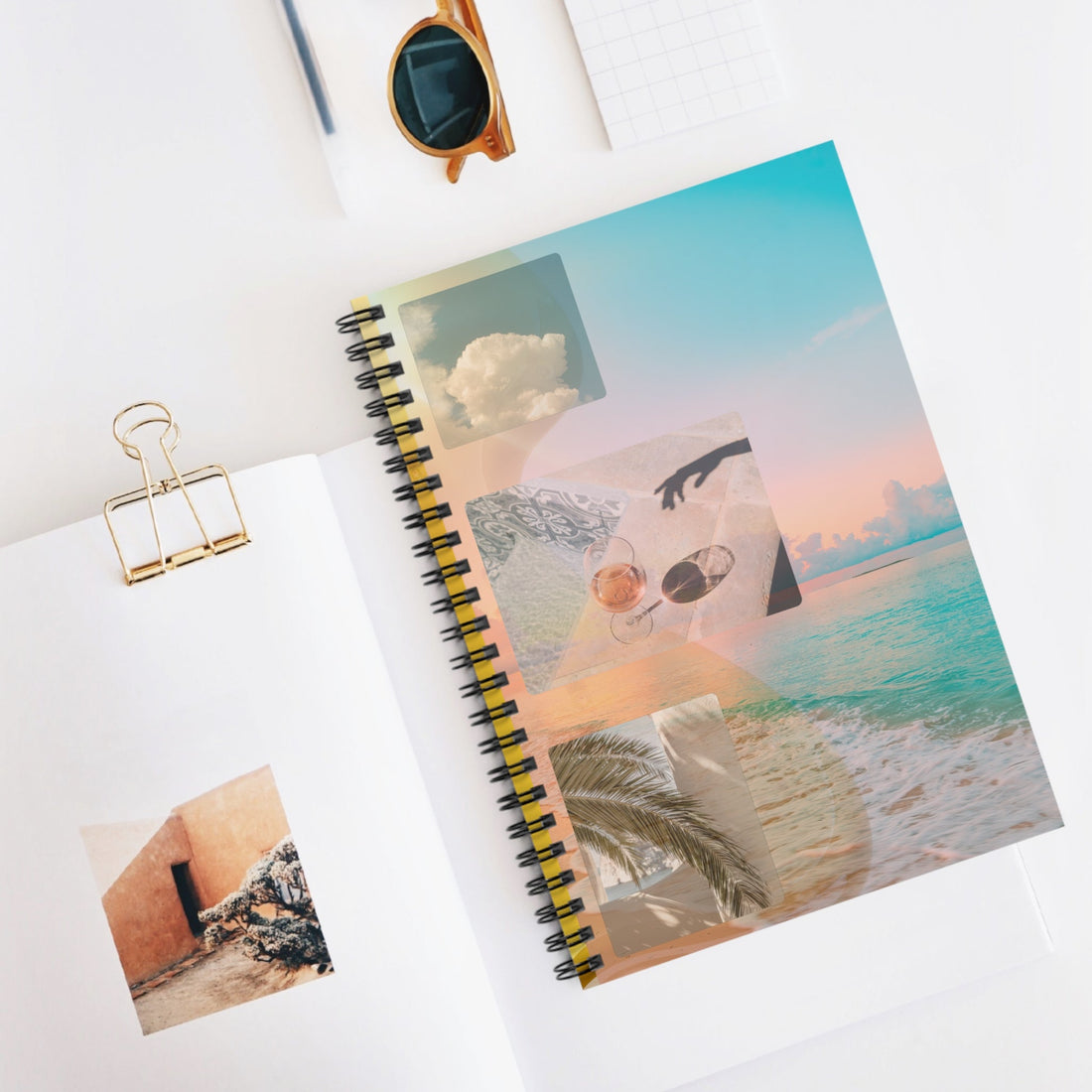 Golden Reverie travel journal styled with sunglasses and pen on a summer table—an elegant notebook for capturing golden hour memories.