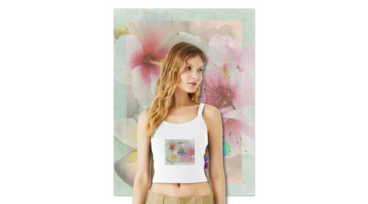 Model wearing the Bloom Baby Bloom cropped tank top standing in front of matching floral wall art — a vibrant duo from the PEC lifestyle capsule celebrating growth, color, and creative energy.