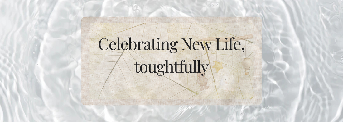 “Celebrating New Life, Thoughtfully” blog header with soft paper texture and celestial illustrations over a water ripple background – Printed Echoes Creations baby capsule feature.