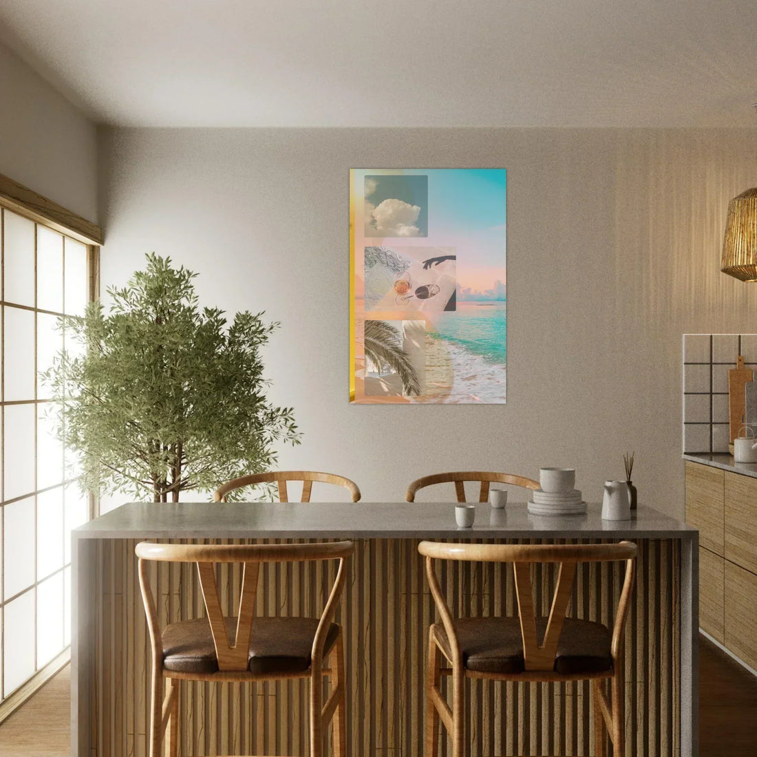Golden Hour in Provence wall art displayed in a warm, minimalist kitchen with wooden furniture and soft natural light.