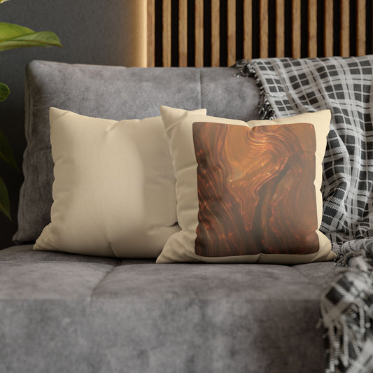 Close-up of Whispers of Fall 14x14 pillow cover with abstract autumn wish bar swirl pattern on gray chair — included in the Cozy Space Bundle gift set.