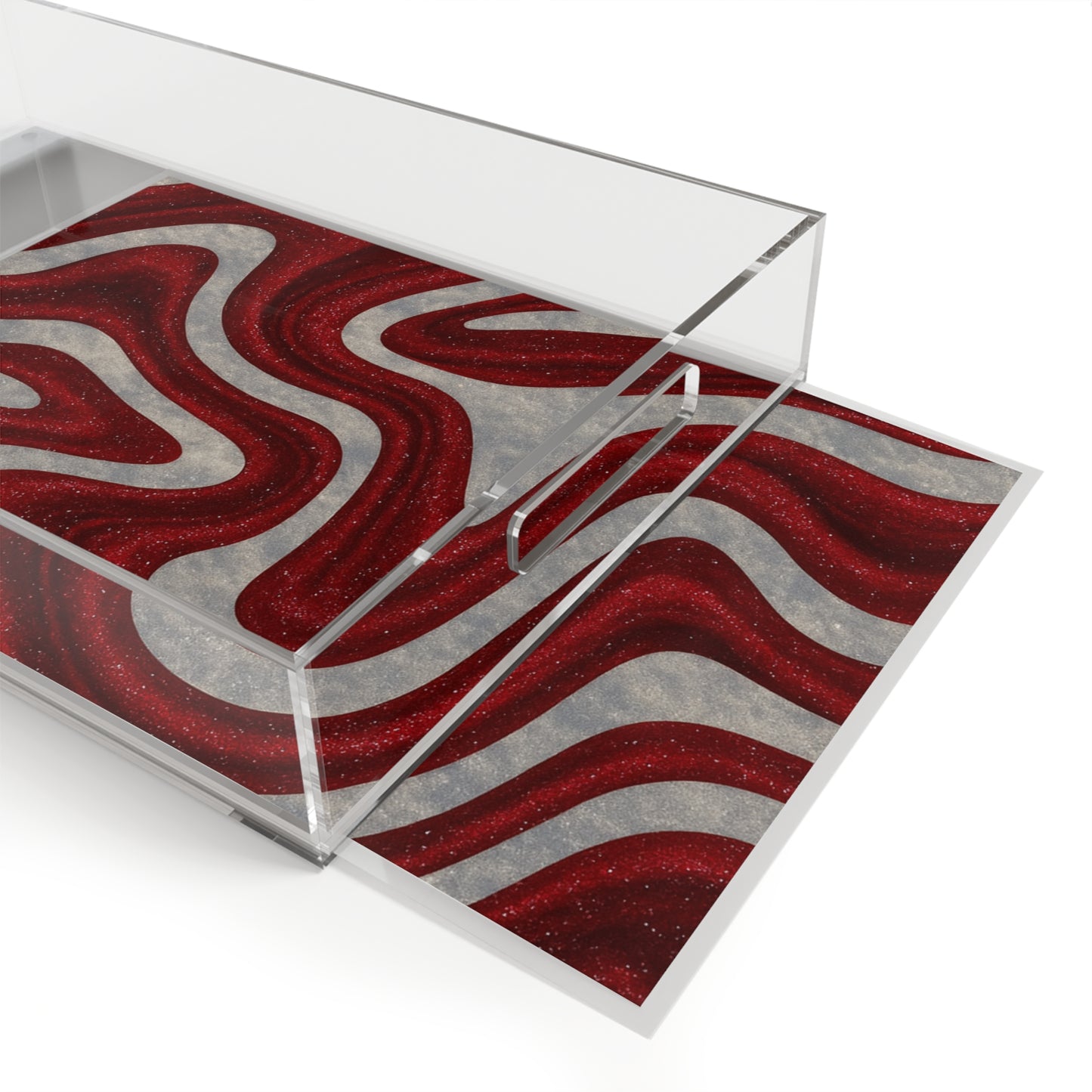 Close-up of candy cane–inspired red shimmer and white swirl pattern inside clear acrylic serving tray, showing modern holiday design and glossy finish.