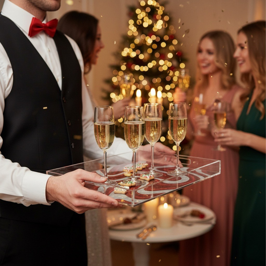 Acrylic serving tray with candy swirl design shown in hand for scale, styled with champagne glasses and holiday cookies, ideal for bar cart or tabletop serving.