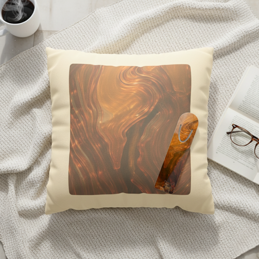 Flat lay of Whispers of Fall pillow cover with abstract autumn design and matching bookmark on a textured blanket with book and glasses — Cozy Autumn Bundle gift set.