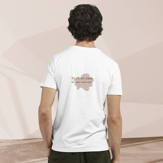back view of the f.Art Club white t-shirt featuring splatter and text "Minimalist. Gassy. Iconic". Printed on soft organic cotton