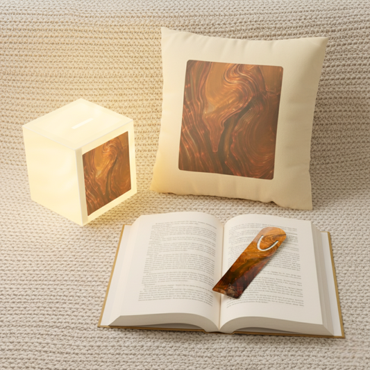 Flat lay of Whispers of Fall Cozy Space Bundle with 14x14 abstract swirl pillow cover, glowing 7.7-inch cube lamp, and matching art bookmark on an open book — seasonal autumn home decor and gift set.