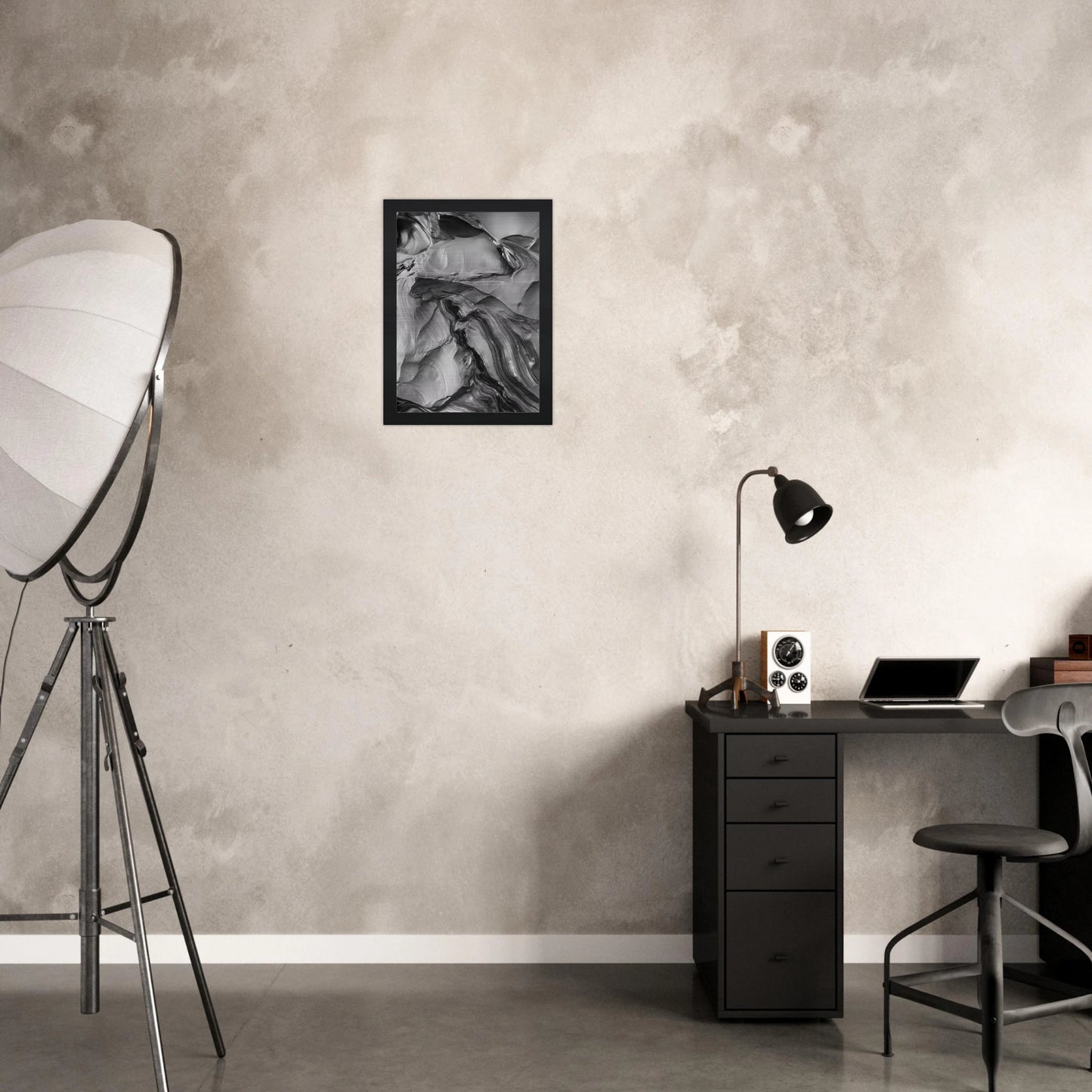 Fondation Series chrome wall art hung above a modern desk in a minimalist office, perfect for creative and architectural interiors.