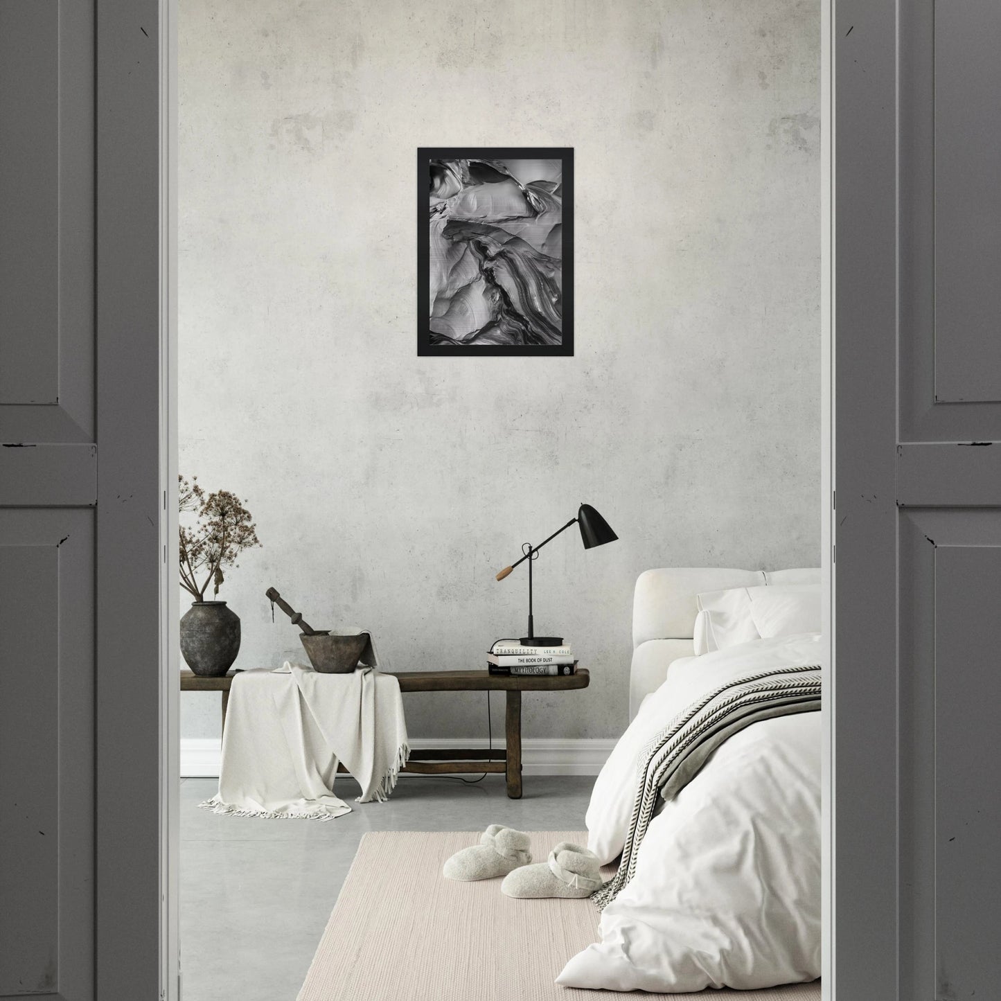 Chrome abstract Fondation wall art styled above a modern bed, adding depth and contrast to a serene minimalist bedroom design.