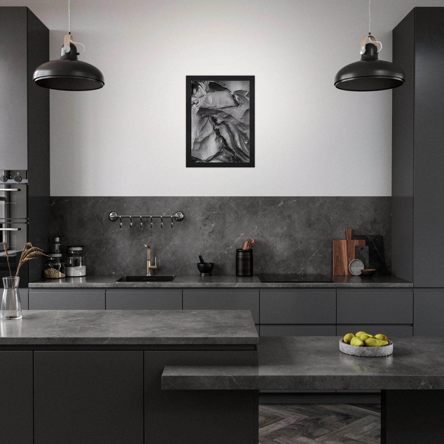 Chrome-textured Fondation wall art styled in a sleek grey kitchen, blending natural stone textures with industrial modern decor.