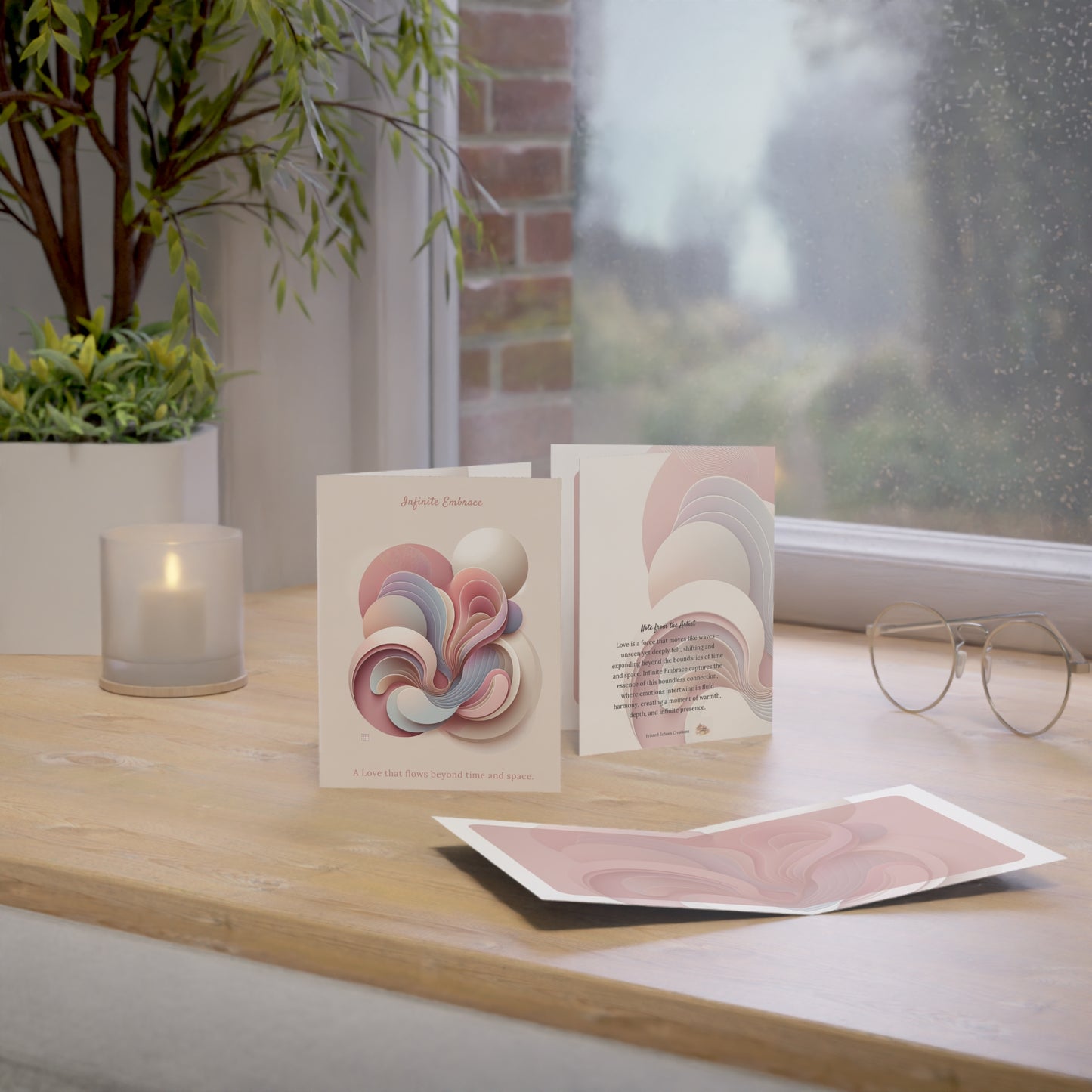 Infinite Embrace abstract Mother’s Day card displayed with back artist note, inside art, and soft natural lighting on a wooden table.