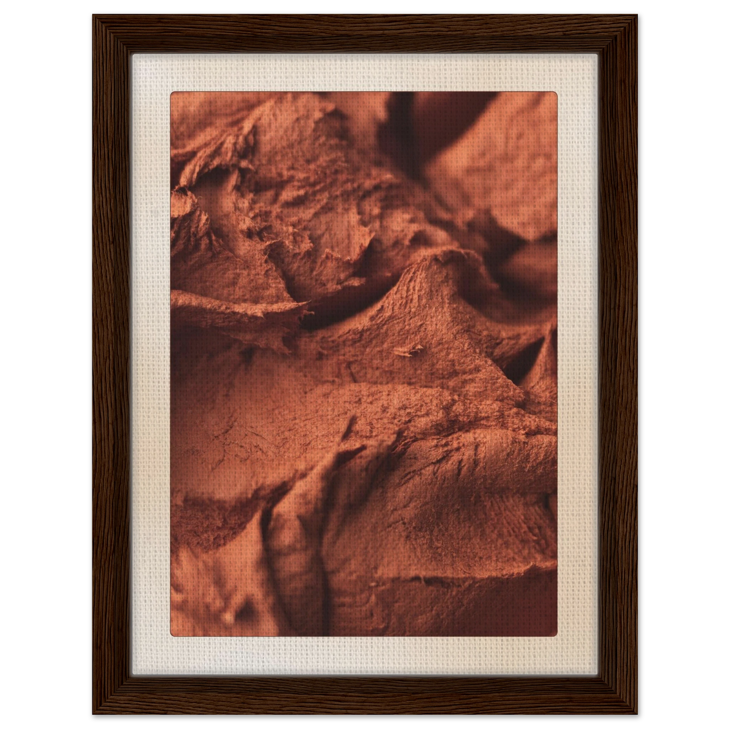 Small 12x16 Origin terracotta canvas print framed in dark wood, rich earthy tones with textural depth for modern rustic decor.