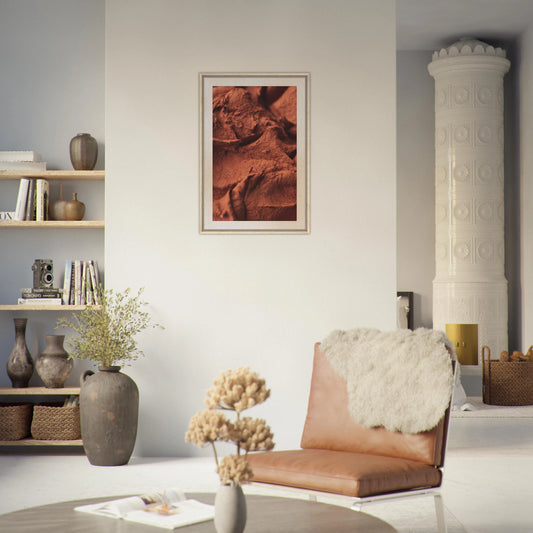 Origin terracotta canvas wall art framed in natural wood, displayed in a modern Scandinavian living room with neutral decor, ceramic vases, and cozy textures — perfect earthy abstract artwork for contemporary home interiors.