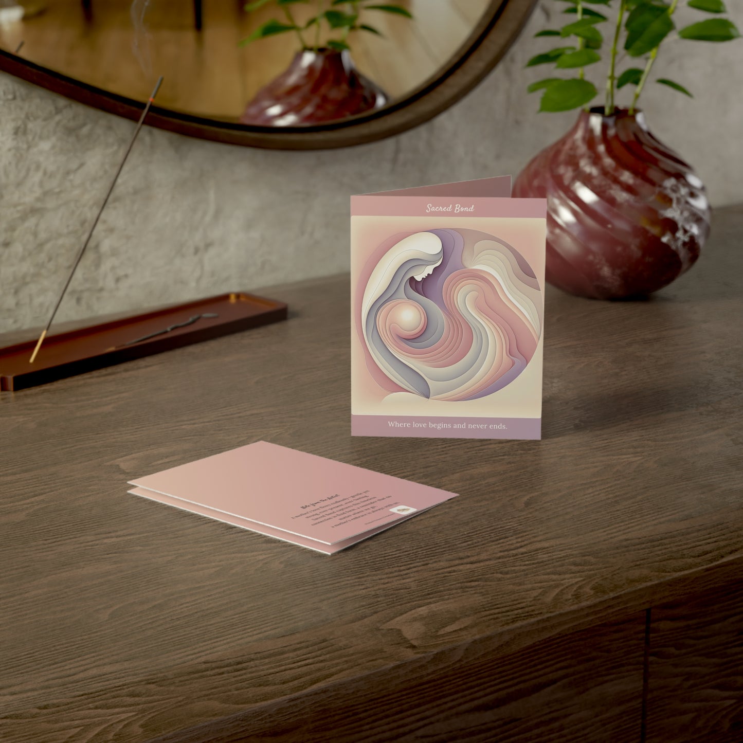 Sacred Bond greeting card displayed on wood table with incense and vase—stylish, thoughtful presentation.