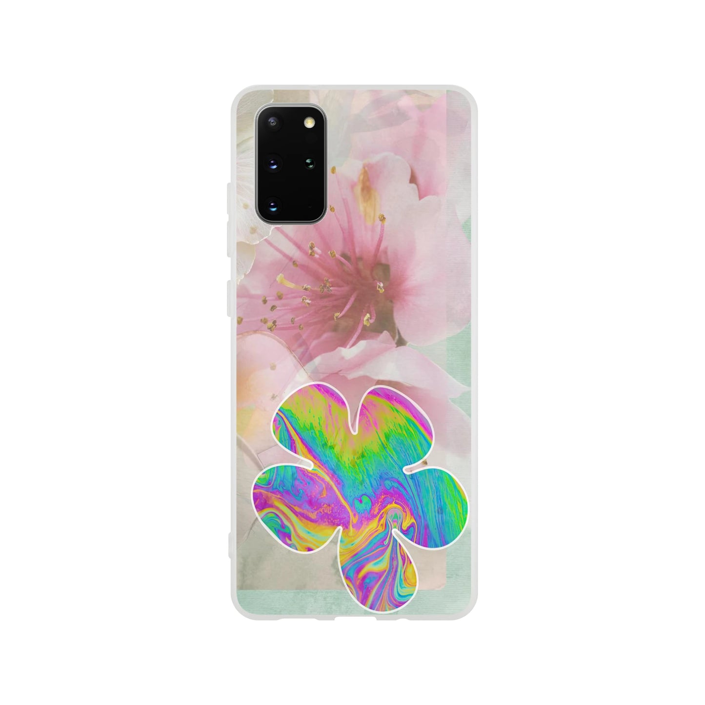 Samsung Galaxy S20 Plus phone case featuring soft pink cherry blossoms and a bold, colorful psychedelic flower on a transparent background—artful, modern phone protection.