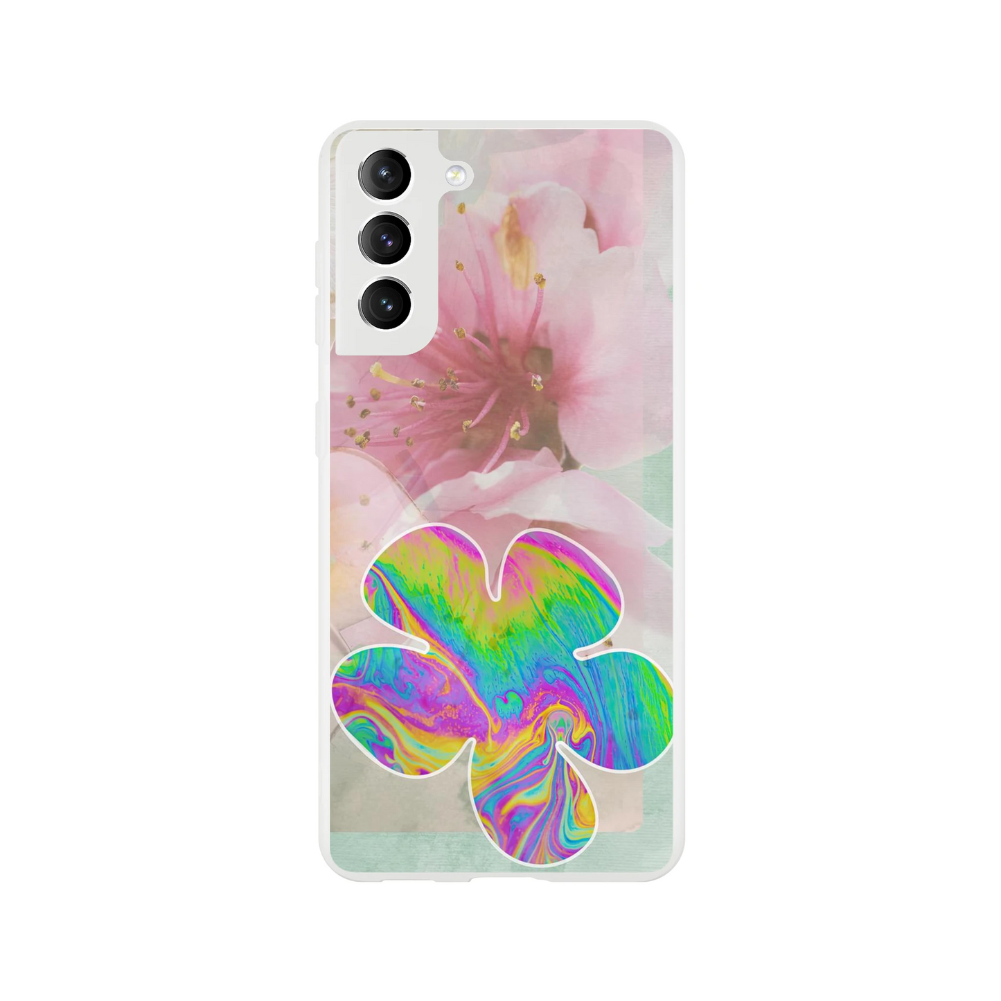 Samsung Galaxy S21 Plus case featuring delicate cherry blossom florals with a vivid, swirling psychedelic flower on a clear, protective back cover—modern spring aesthetic.