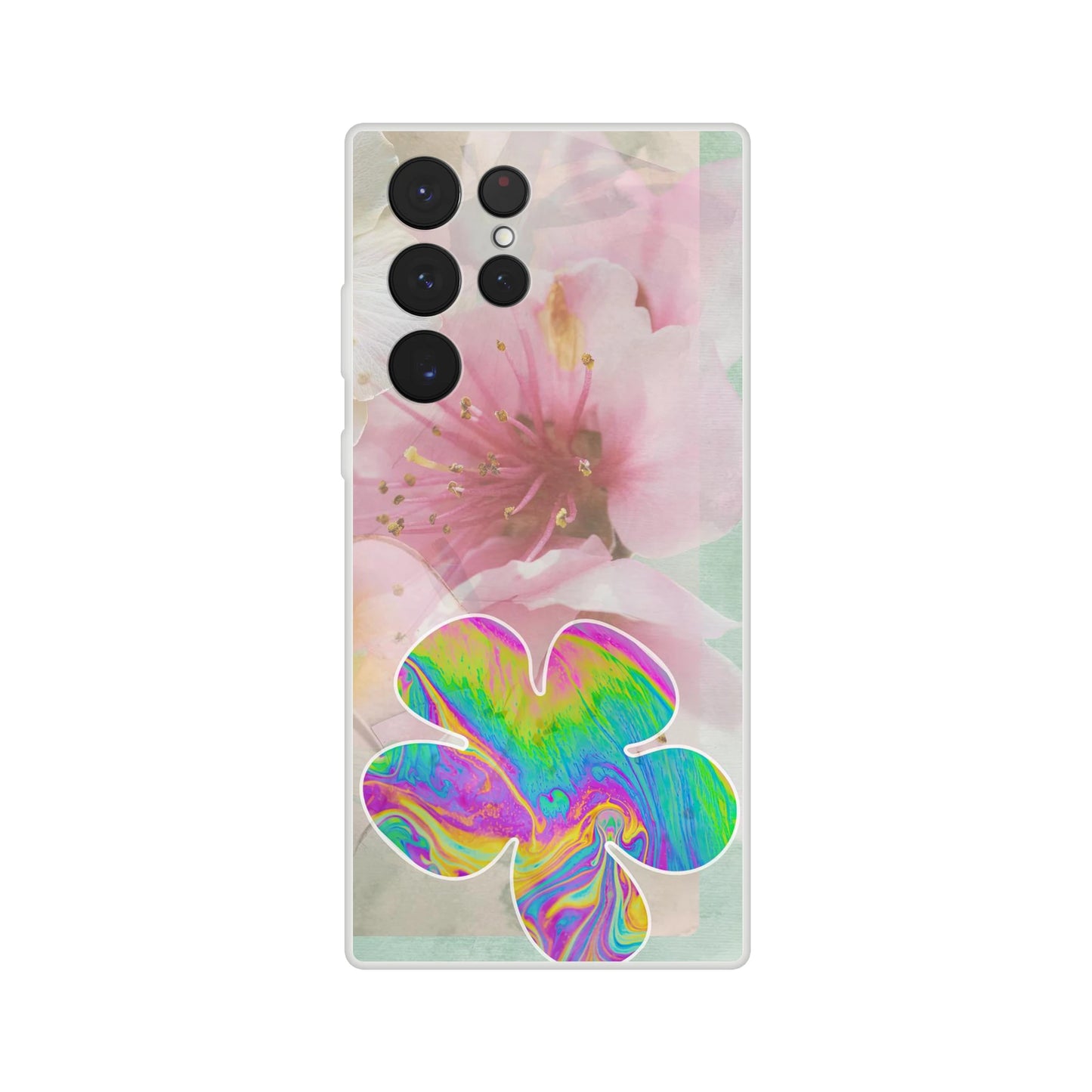 Samsung Galaxy S23 Ultra transparent case featuring soft pink cherry blossoms and a bold psychedelic flower detail—artistic spring phone protection with personality.