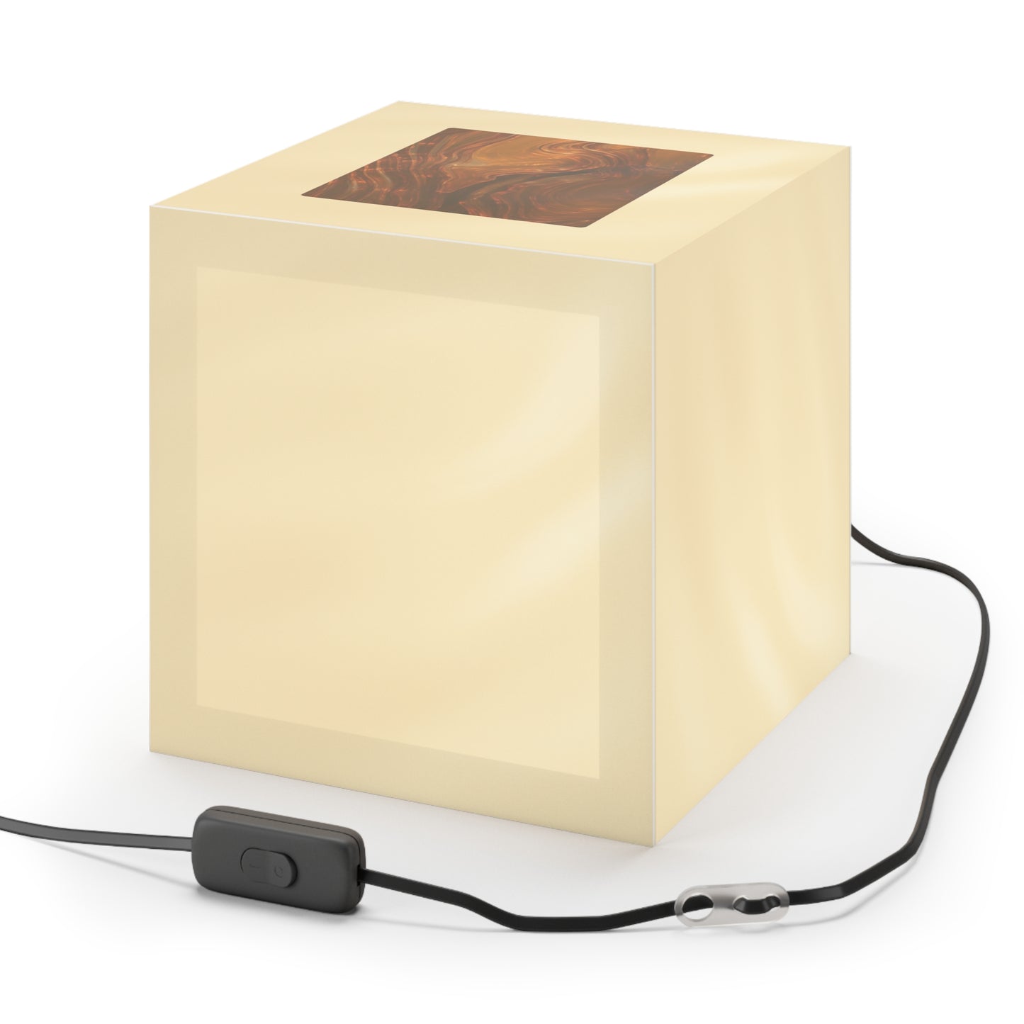 Back view of Whispers of Fall cube lamp featuring cream matte finish with small illuminated square for subtle light escape.