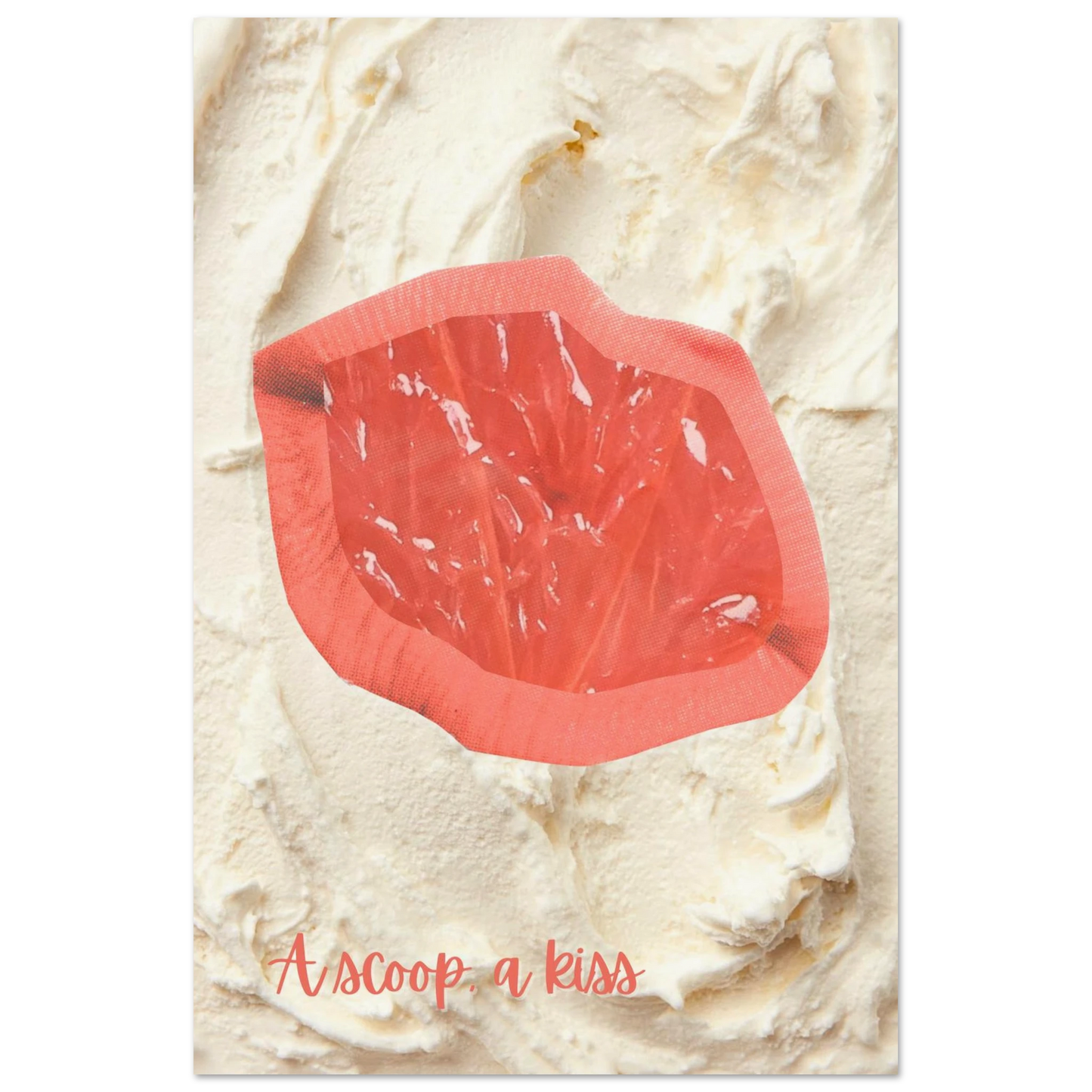 A large 24x36 inch statement-sized 'A Scoop, A Kiss" print. Bold, oversized food-inspired wall art designed to anchor a sunlit living or dining space.