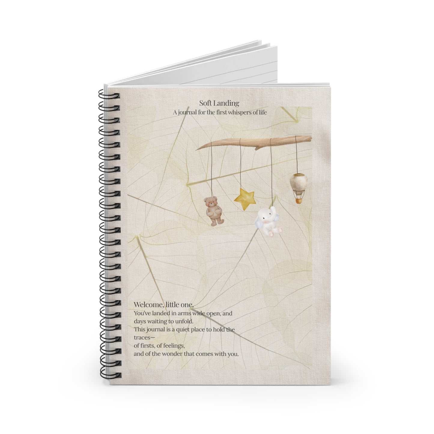 Close-up of Soft Landing baby journal poetic message – a quiet place for first feelings and baby memories.