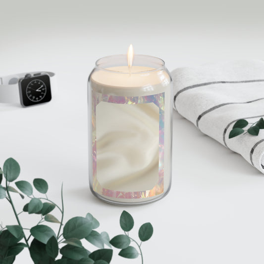 Back to the Flow candle lit on a soft white surface with eucalyptus leaves, striped linen towel, and black clock – slow living ambiance with iridescent frame and silk-textured