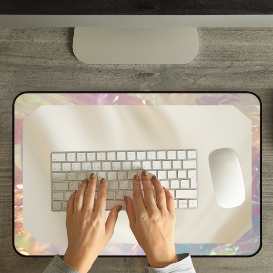 Hands placed on a white keyboard resting on an iridescent desk mat with a cream-silk finish, styled on a gray wood surface.