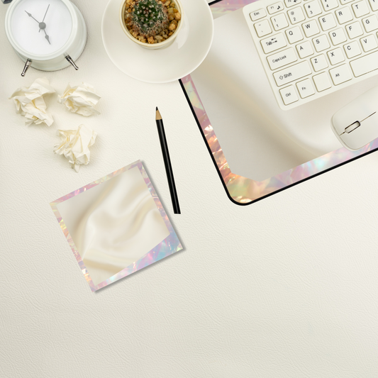 Minimal desktop workspace featuring the sticky note and desk mat alongside a bowl of matcha, pencil, and keyboard on a textured surface
