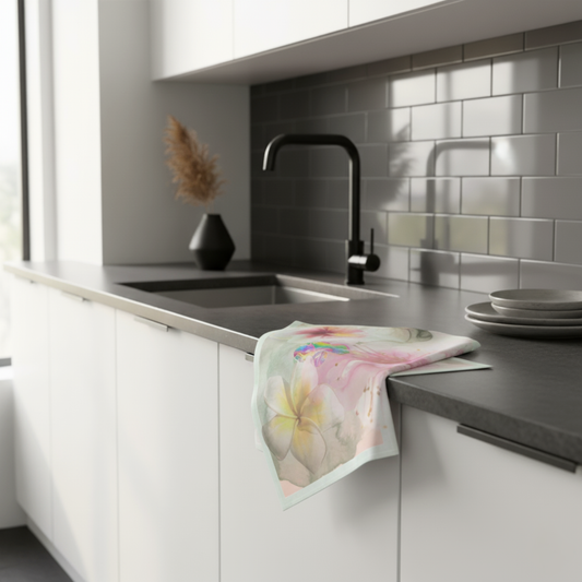 Art tea towel with Bloom Baby Bloom floral design hanging on a modern kitchen counter