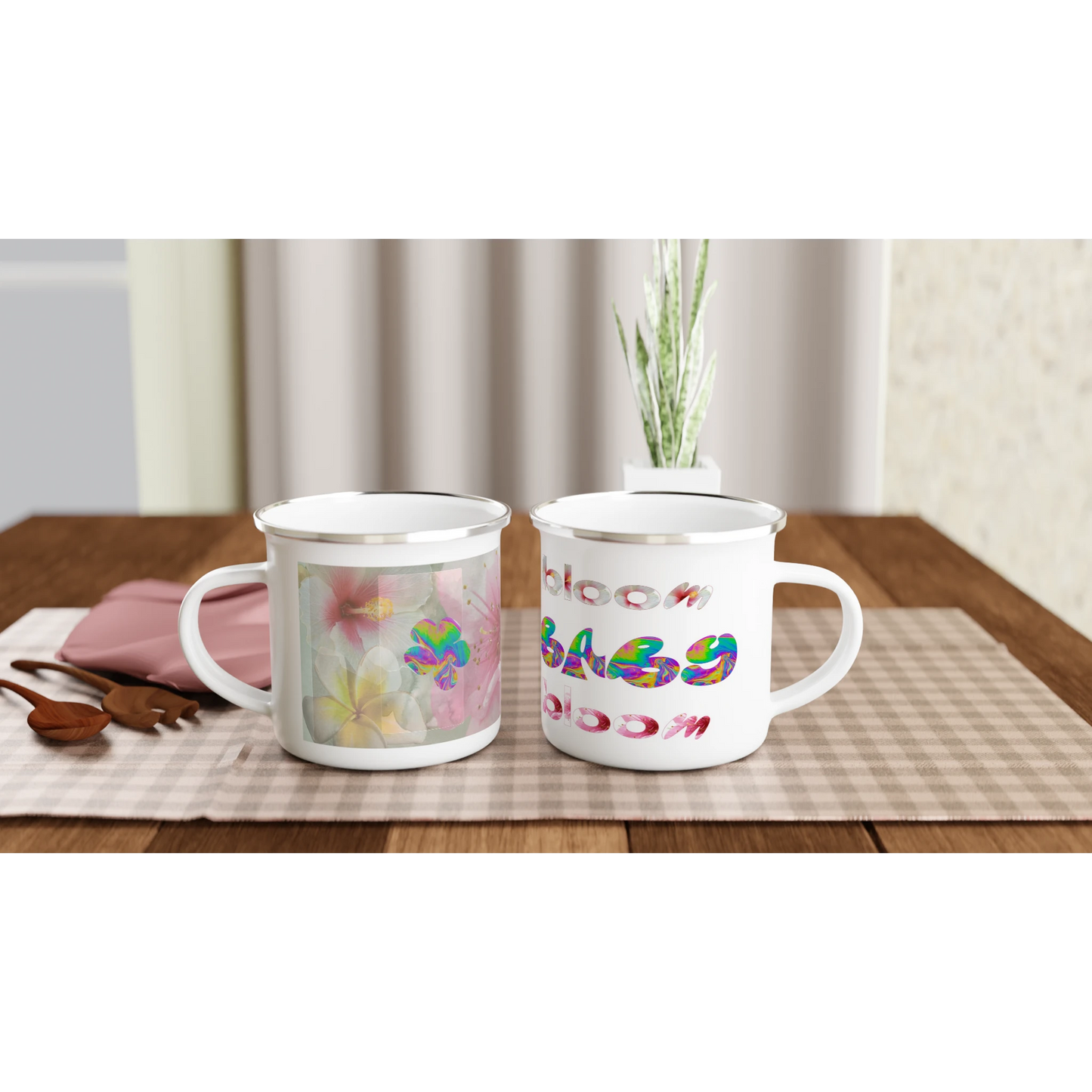 12oz Bloom, Baby, Bloom! enamel mug with silver rim, displayed to show both sides—one featuring a floral design, the other with a colorful abstract logo.