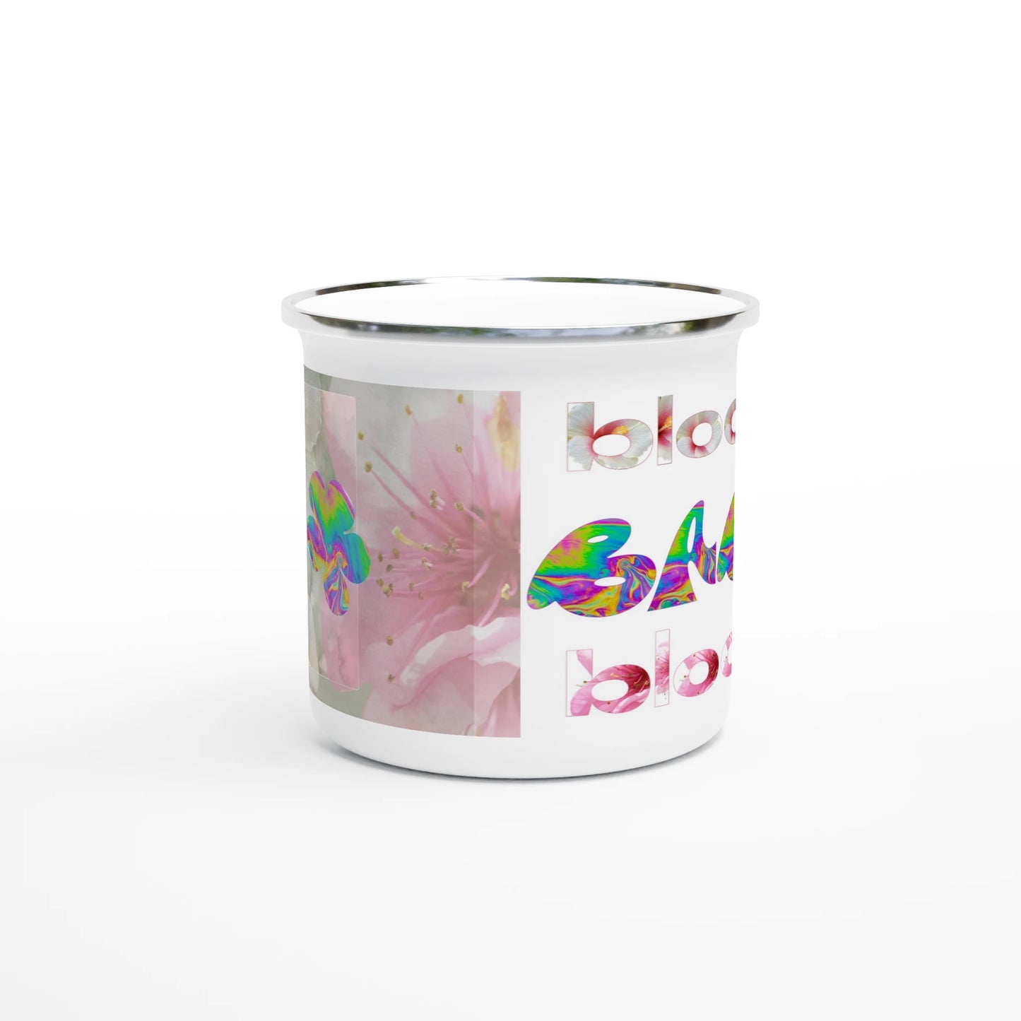 Side view of the 12oz Bloom, Baby, Bloom! floral enamel mug with silver rim, featuring a colorful abstract logo and blooming flowers. Perfect for coffee, tea, cocktails, and springtime adventures.