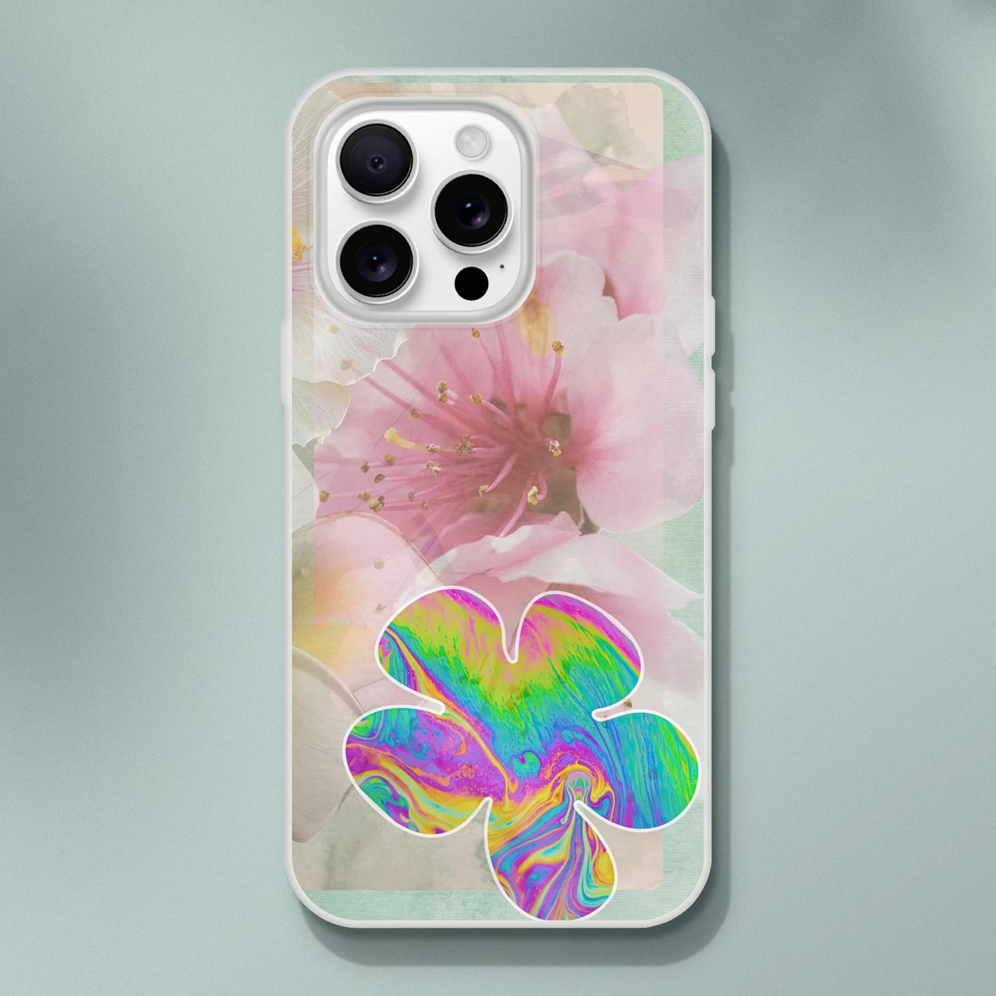 Bloom, Baby, Bloom! iPhone case featuring cherry blossom floral print and psychedelic rainbow flower on a pastel teal background