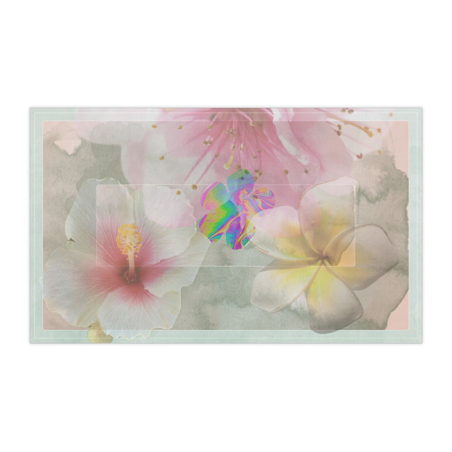 Horizontal view of the Bloom, Baby, Bloom! tea towel showcasing a soft floral composition with pastel hibiscus and plumeria, printed on cotton twill fabric.