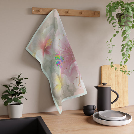Bloom, Baby, Bloom! tea towel hanging in a modern kitchen with wood accents, featuring a soft floral art design that adds elegance to everyday moments.