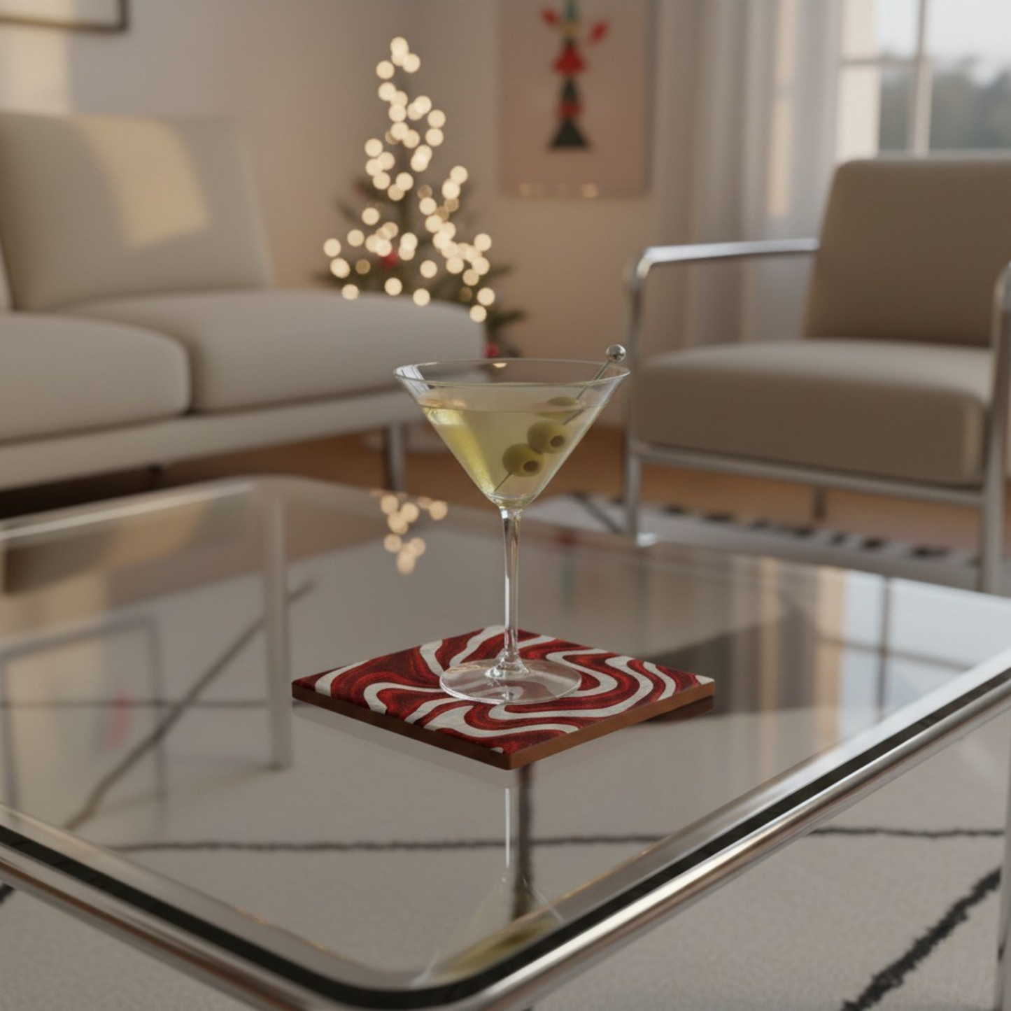 Candy Swirl coaster styled in a cozy Christmas living room with holiday tree and warm lighting, red and white holiday coaster for seasonal entertaining.