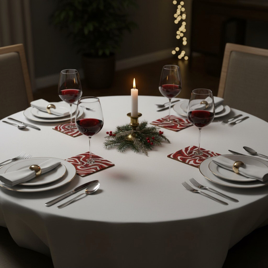 Set of Candy Swirl coasters styled with red wine glasses on a holiday dinner table with candle centerpiece, festive Christmas entertaining by Printed Echoes Creations.