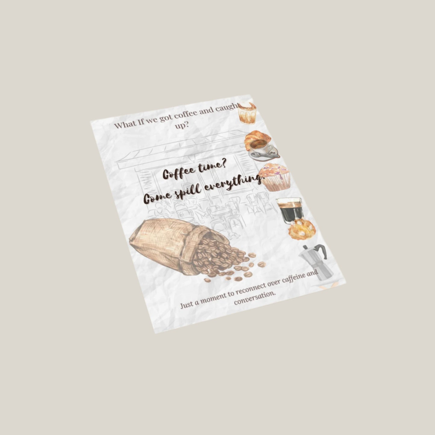 Angled mockup of the Coffee Time Invite card from the What-If x PEC collection, featuring a cozy café design and the line ‘Coffee time? Come spill everything.