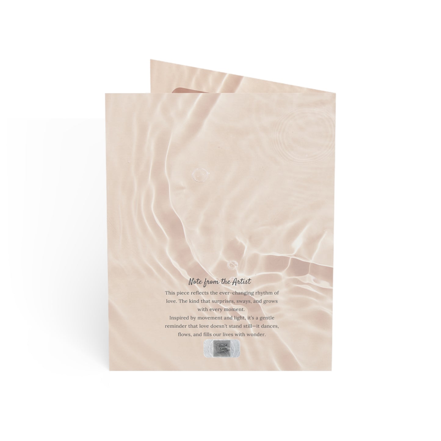 Back of The Dance of Love card with an inspiring note from the artist printed over a soft water-texture background.