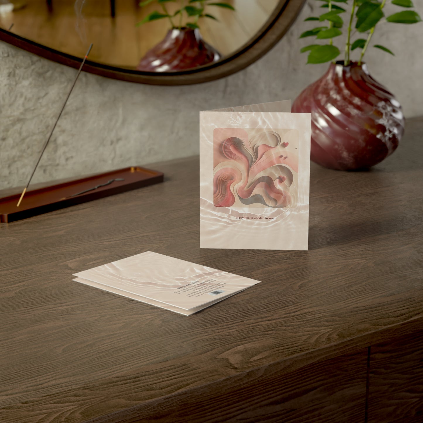 Evening scene of The Dance of Love card near flowers, encens and mirror, perfect for intimate moments or romantic gifting.
