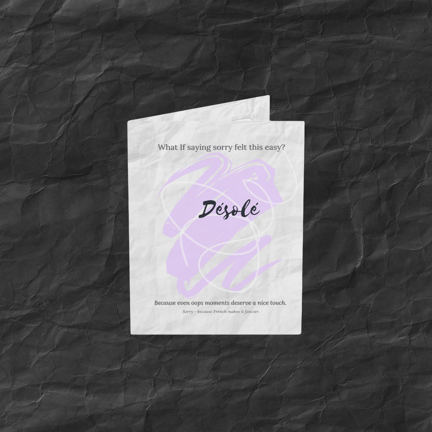 Apology greeting card with abstract lilac design and soft crinkled texture, perfect for sincere or light-hearted regrets.
