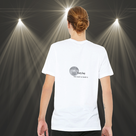 Farty Boy Tee in white with disco ball and ‘too cool to hold it’ back print, under stage spotlight — cheeky minimalist shirt.