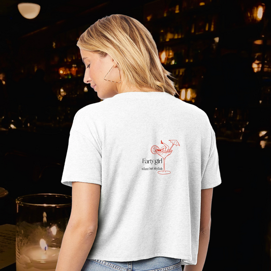 Back view of the Farty Girl crop tee featuring cocktail glass graphic and “silent but stylish” tagline. Bold and cheeky design from The Fart Club x PEC.