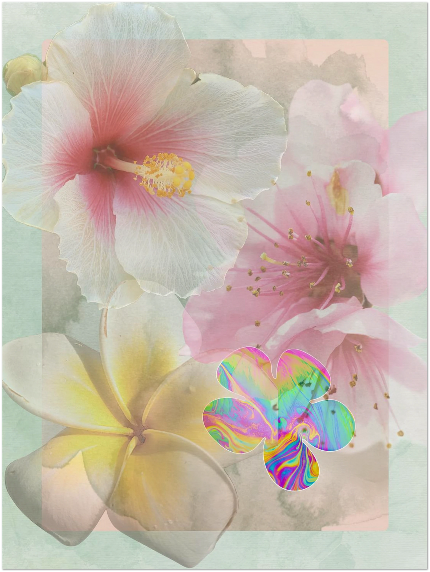 Close-up of surreal floral art print featuring hibiscus, cherry blossom, plumeria, and an iridescent abstract flower on a soft green background.