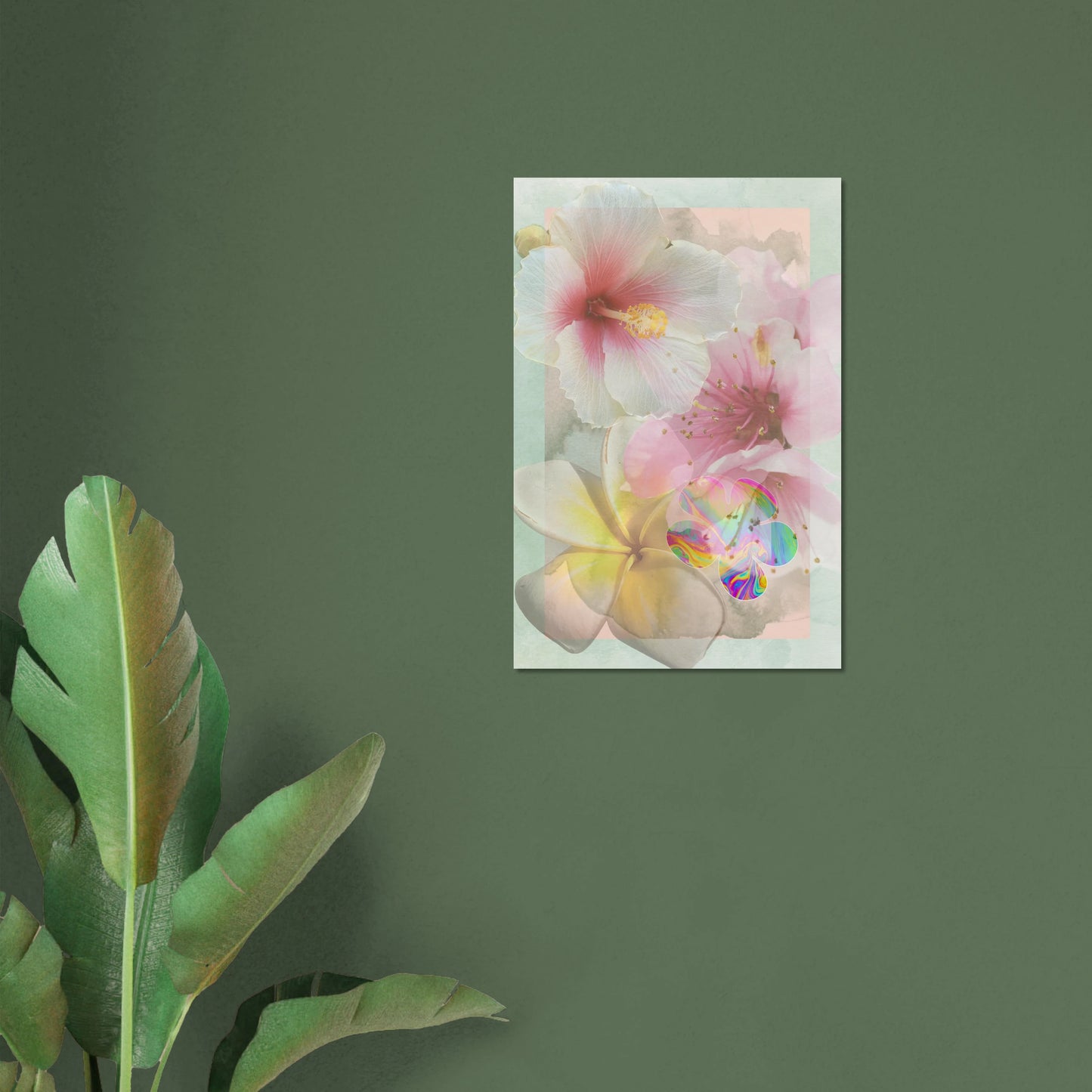 Large surrealist floral art print on a green wall featuring hibiscus, frangipani, cherry blossom, and a psychedelic bloom, styled above leafy plants for a bold, serene home decor look.