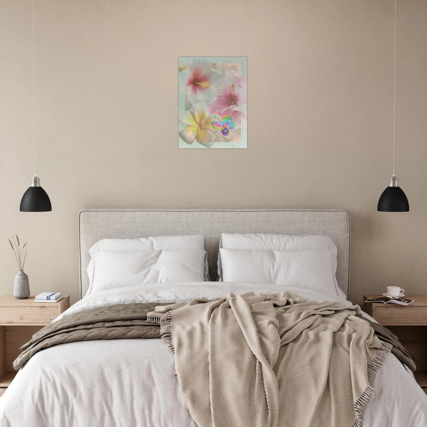Floral surrealist wall art poster styled above a neutral bed setup in a cozy, modern bedroom with soft lighting and minimal decor.