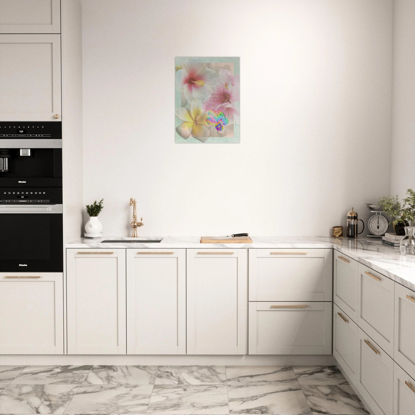Colorful surreal floral art poster displayed in a white minimalist kitchen with marble floors and gold accents, adding a soft artistic touch to the space.
