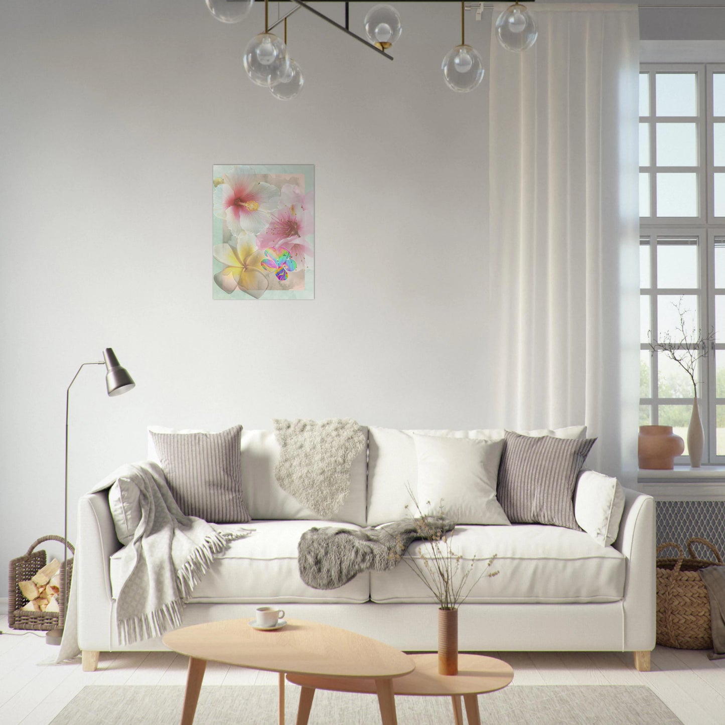 Framed surreal botanical art print featuring dreamy florals in a modern white living room with neutral decor and natural light.