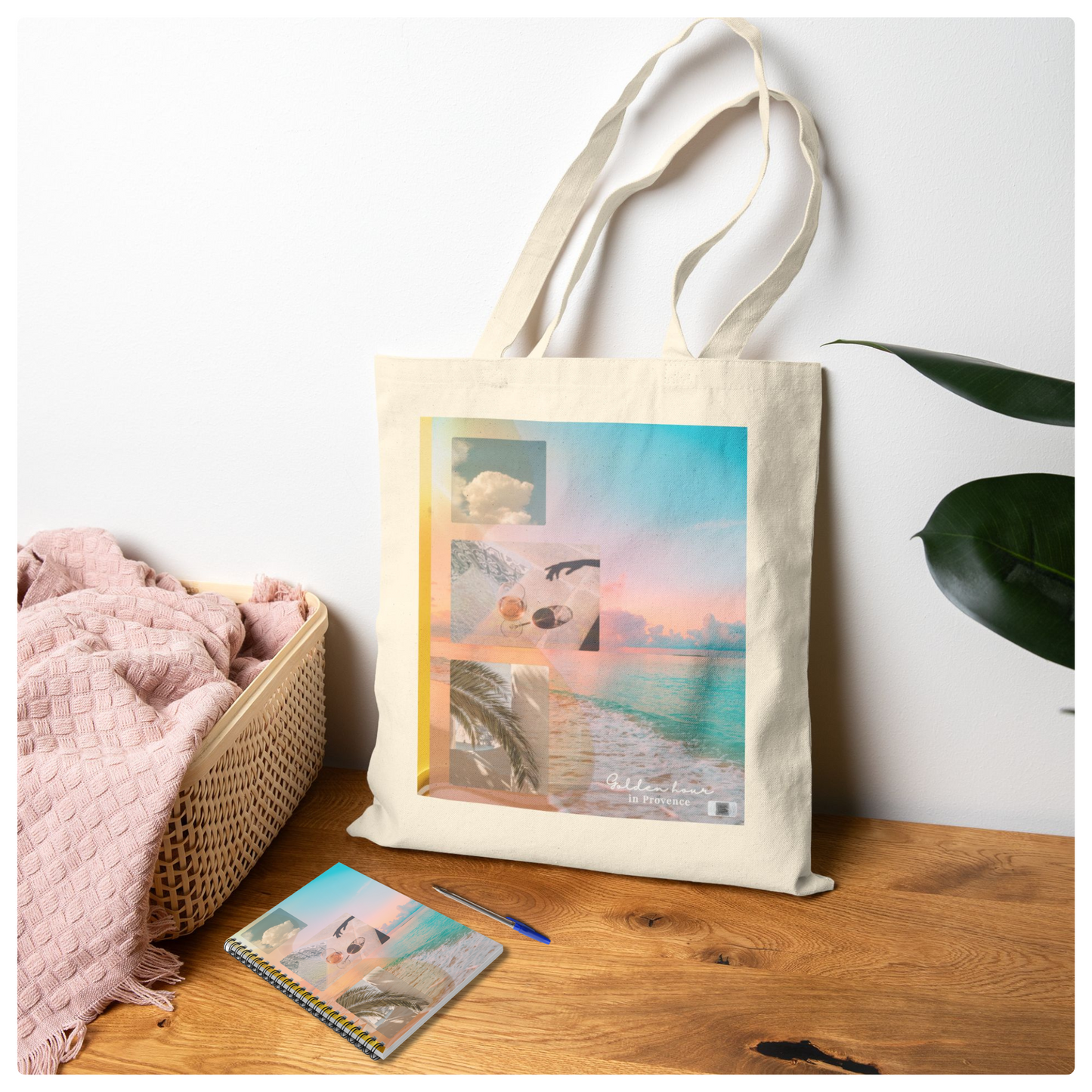 A cotton tote bag and matching vacation journal from the Golden Escape Kit, styled in a soft, minimalist lifestyle flat lay with a Provence vibe.