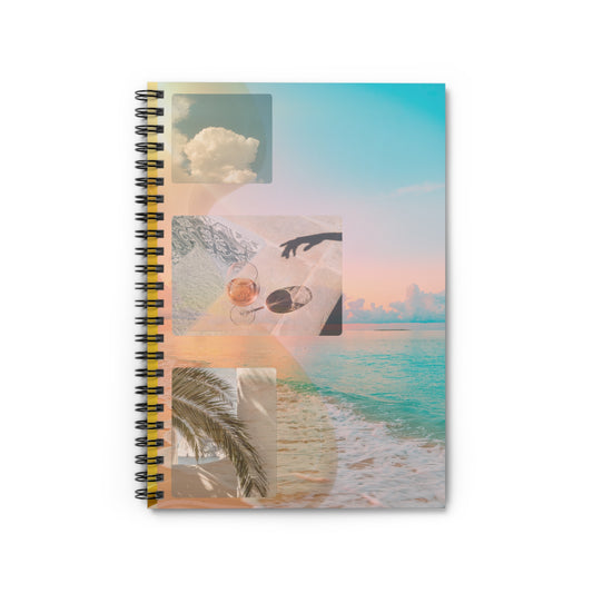 Front cover of the vacation journal from the Golden Escape Kit, featuring a dreamy collage design with ocean, sky, and summer-inspired visuals, a very artistic stationery.