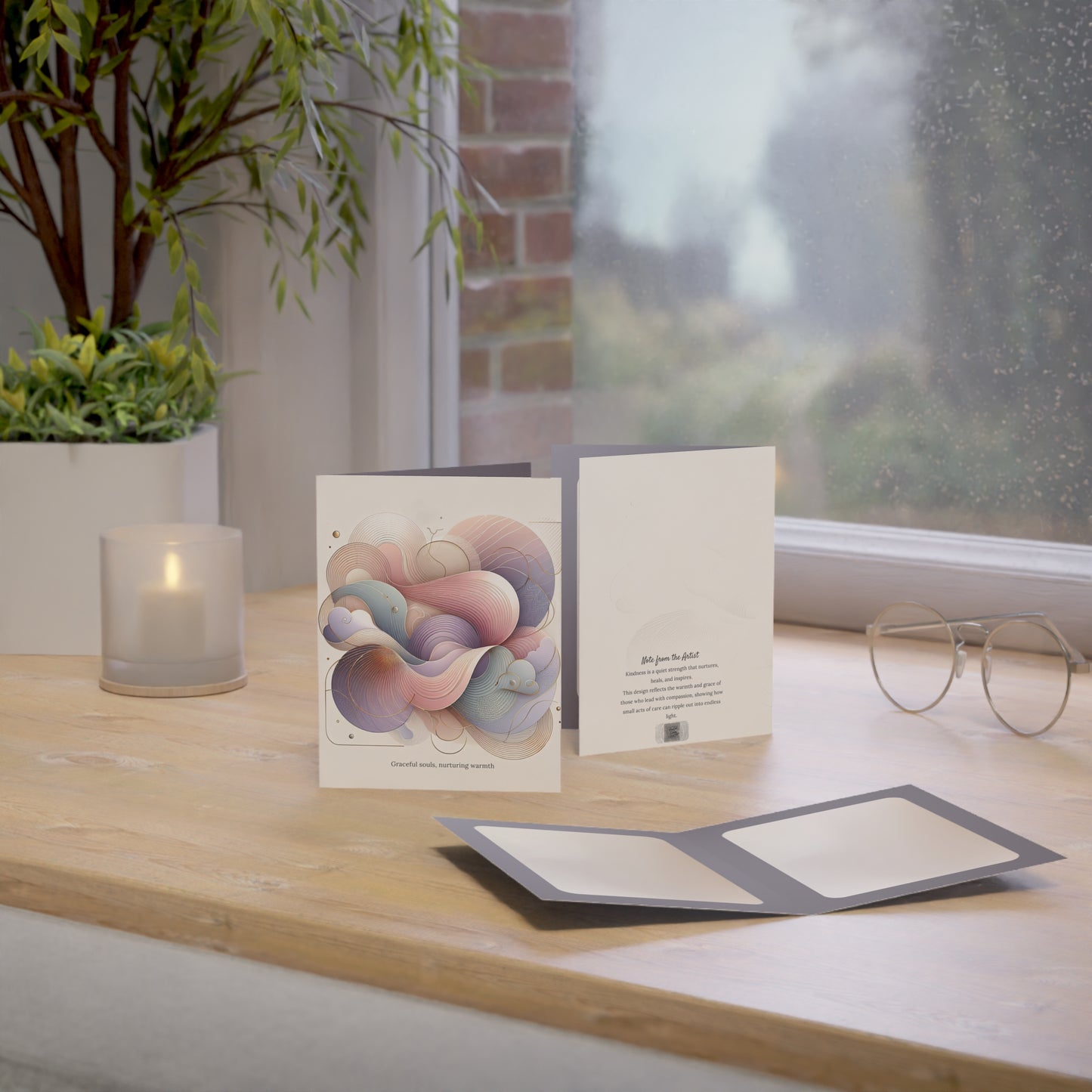 Graceful Souls card open by a window with natural light and cozy décor, showing the emotional tone of the card in a lived-in setting.