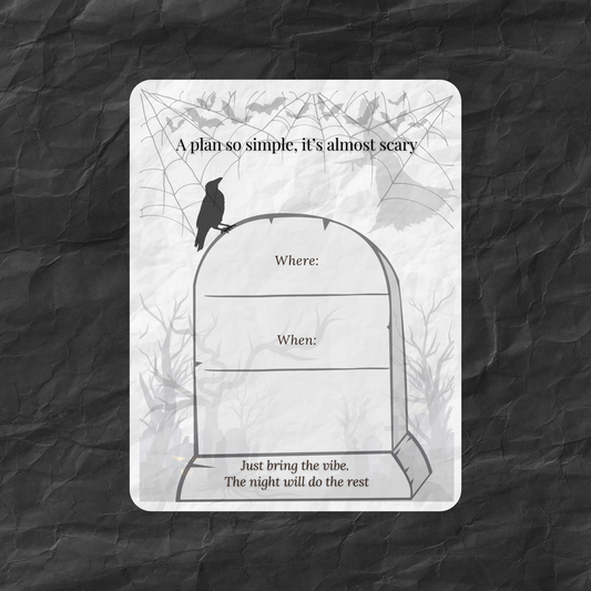 Back side of the Halloween What-If Invite card, featuring tombstone prompts for “Where” and “When,” with subtle spider webs and bats in a moody illustrated scene.