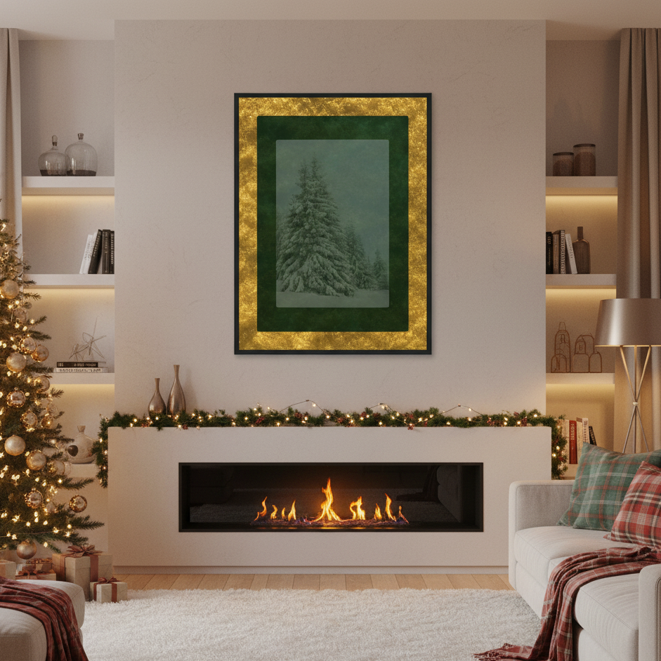 Velvet Solstice wall art with snowy pine trees and gold border styled above a modern fireplace with Christmas tree and holiday decor, winter print by Printed Echoes Creations.